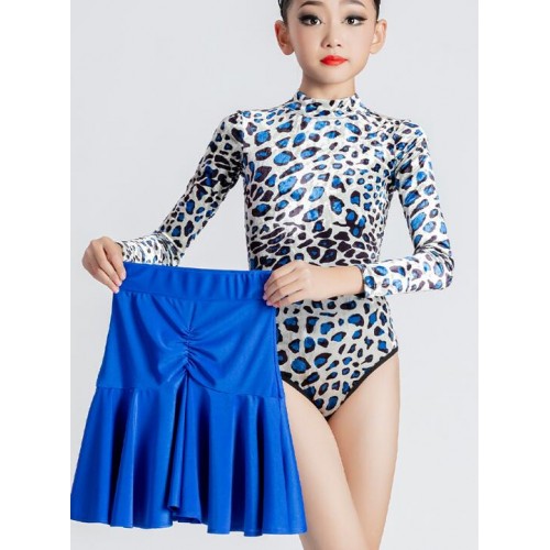 Girls kids Royal blue with blue leopard velvet ballroom latin dance dresses modern salsa chacha dance outfits for children